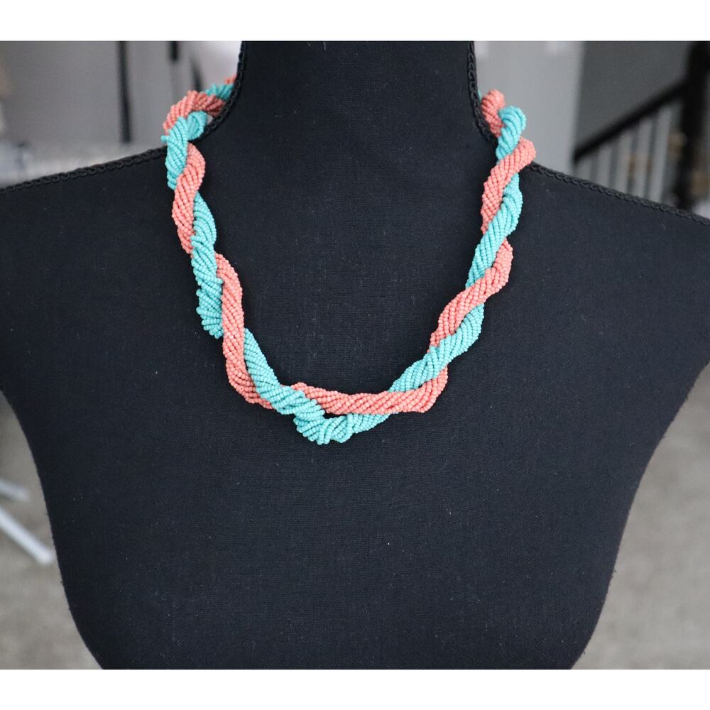 Vintage Turquoise Coral Seed Bead Torsade Twist Straight Necklace Southwest Boho - Picture 2 of 5